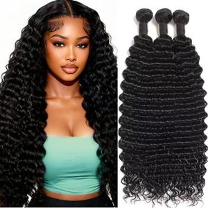 12A Deep Wave Human Hair Bundles 18 20 22 Inch 100% Unprocessed Deep Curly Bundles Human Hair Black Women Double Weft Wet and Wavy Hair Natural Color