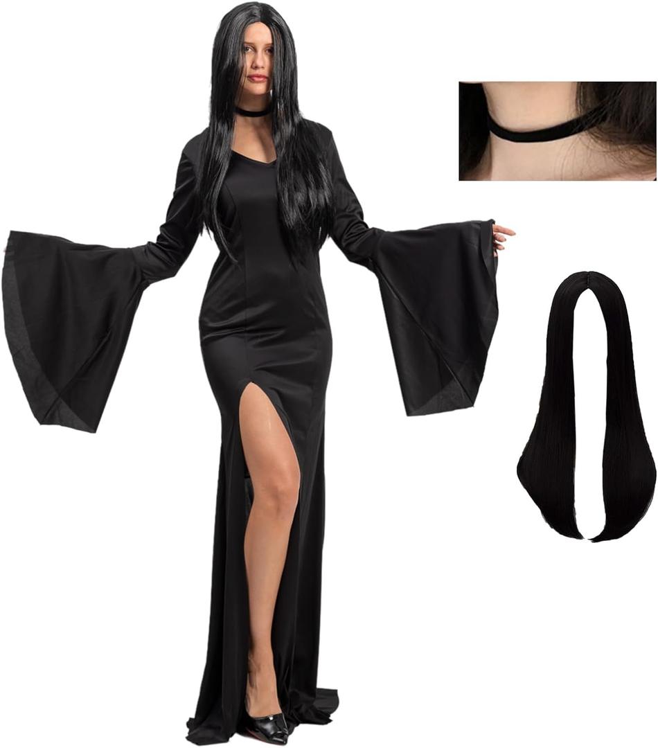 Women's Vintage Gothic Long Dress With Choker Wings Witch Style Black Dress Halloween Family Cosplay Costume (X-Large)