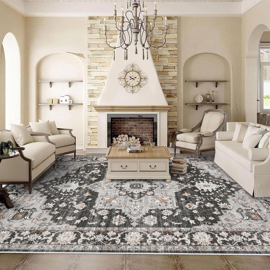 Washable Oriental Area Rug - 9x12 Rugs for Living Room Soft Carpet for Bedroom Waterproof Floral Distressed Indoor Stain Resistant Non-Shedding Floor Carpets (Black, 9x12)
