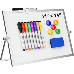 Dry Erase White Board, Cazeyoo Magnetic Desktop Whiteboard 11 x 14inch with Stand, 8 Markers, 4 Magnets and 1 Eraser, Portable Double-Sided White Board for Kids Drawing, Office, Home, School (Metal)