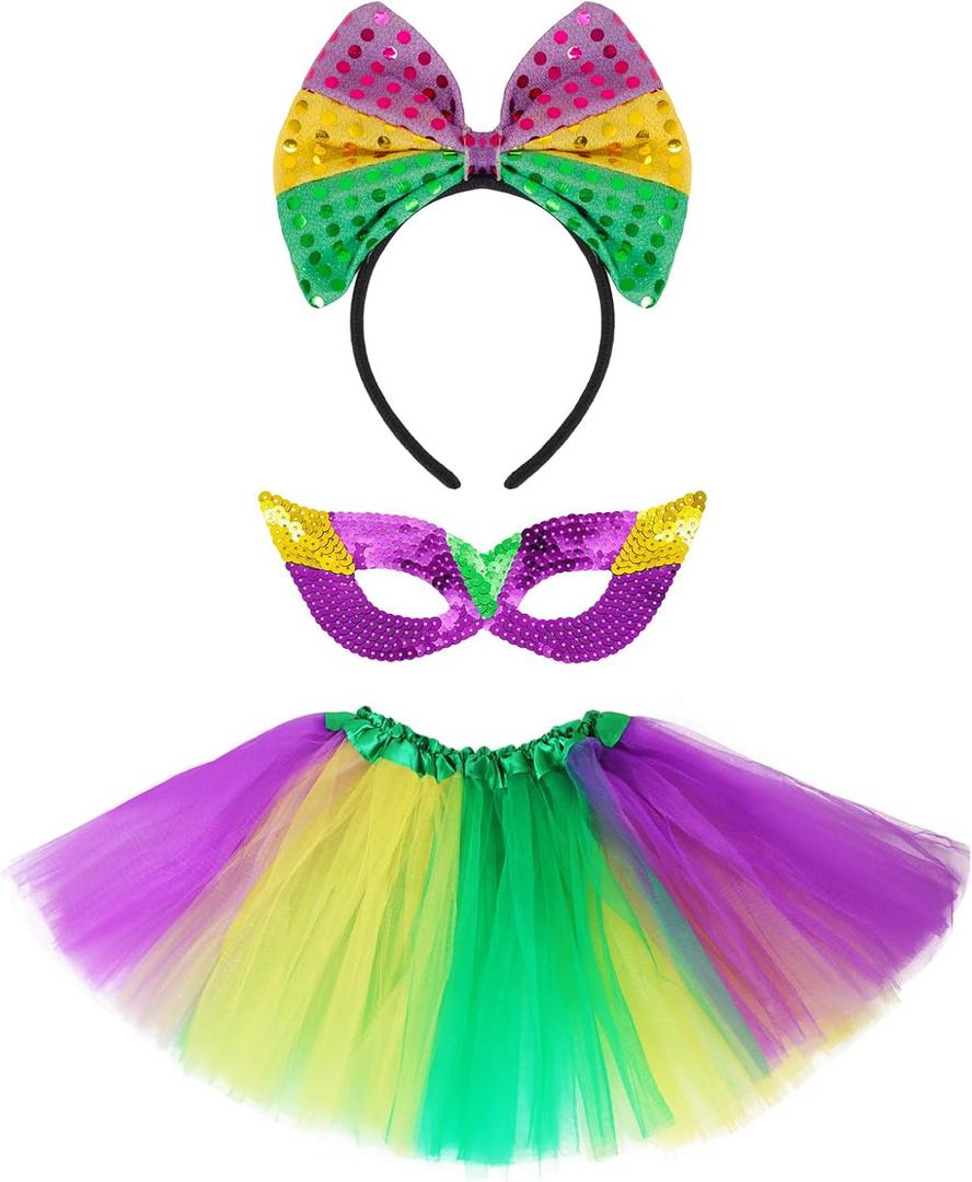 Fumwase 3Pcs Mardi Gras Accessory Set Tutus Skirt for Women Bowtie Headband Mask Mardi Gras Attire Outfit for Women Halloween Party
