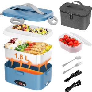 Electric Lunch Box with 3 Temperature Levels, 100W Fast Heating heated lunch box, 12V/24V/110V 1.8L Portable Food Warmer for Office, Car, and Truck, Includes Upgraded Bag & Extra CompartmentsBlue)