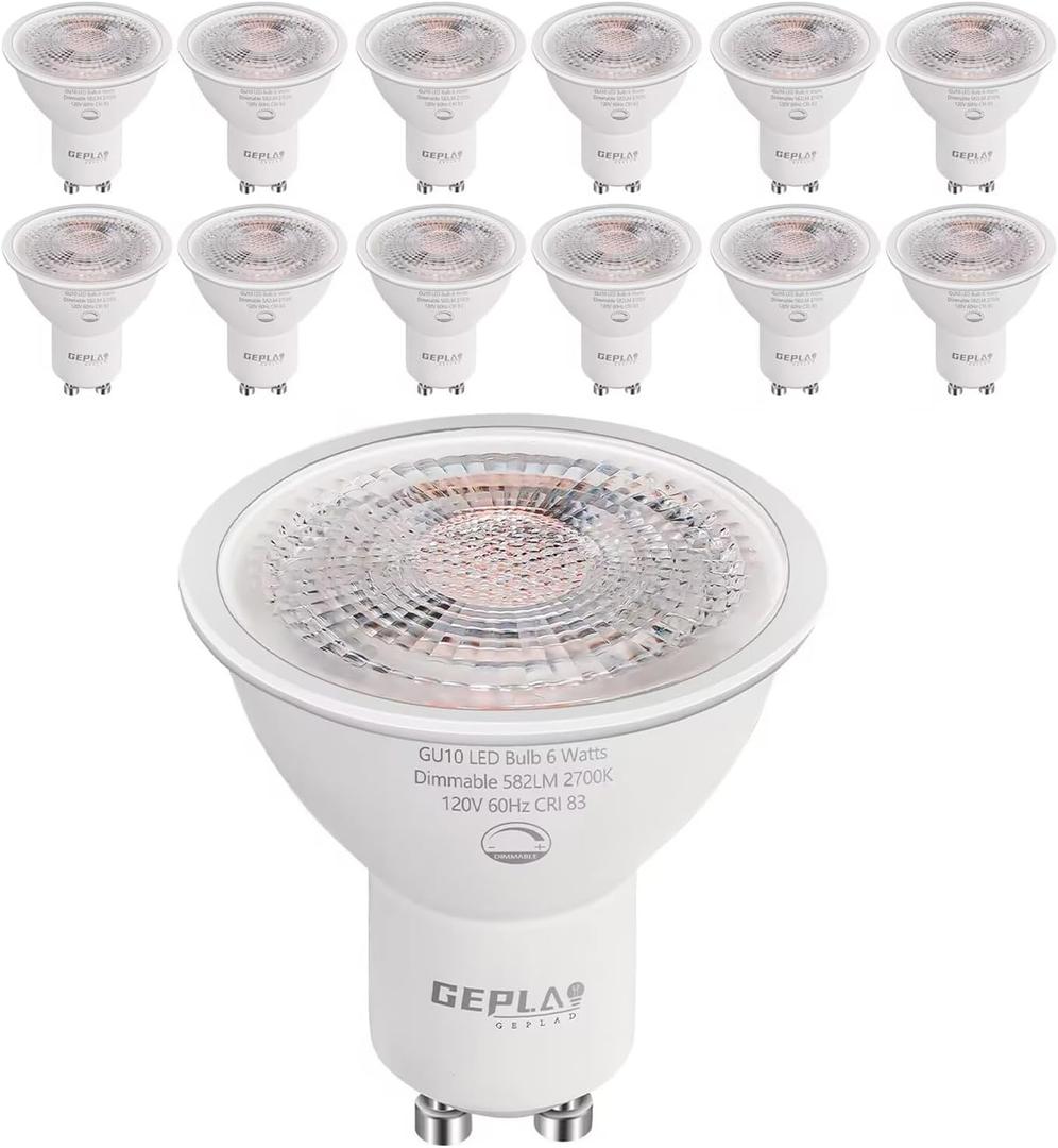 GEPLAD 12 Pack GU10 LED Bulb Dimmable 6W 582LM,50W Halogen Replacement, 38 Degree Spotlight 2700K Warm White for Kitchen, Range Hood, Living Room Track Lighting