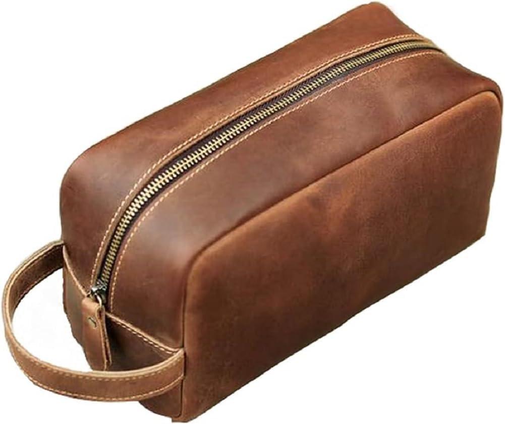 Travel Toiletry Bag for Men Leather Dopp Kit Bags Christmas Gift (Large, Brown)