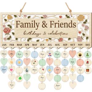 CHDITB Wooden 3D Family Friends Birthday Calendar Wall Hanging(16"x6"), Boho Flowers Botanical Birthday Celebrations Reminder Tracker with Tags, Custom DIY Mother Gifts for Grandma