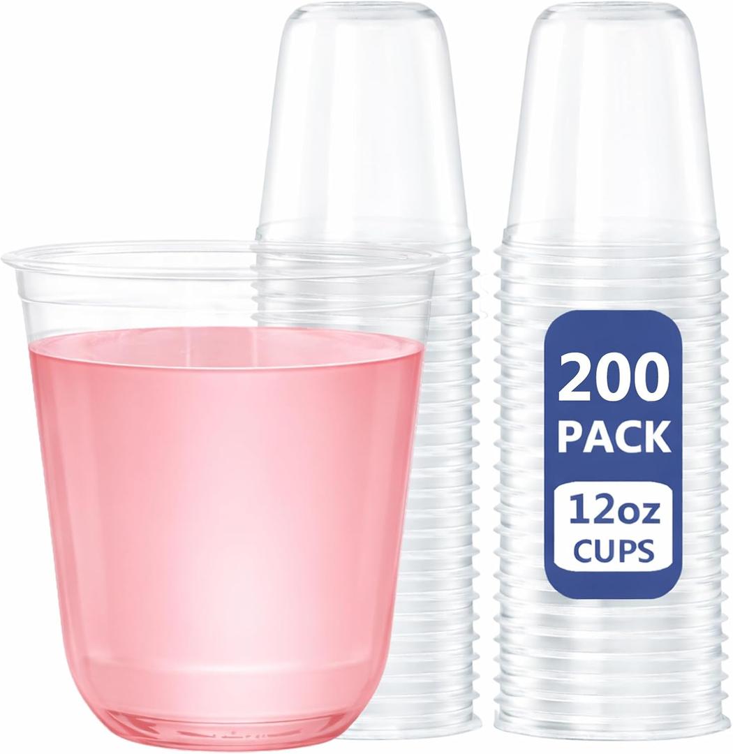 WELLIFE 12 oz Clear Plastic Cups, 200 Pcs Disposable Wine Glasses Stemless Cocktail Punch Cups for Cold Drinking Wedding Party Supplies Birthdays Valentine's Day Easter