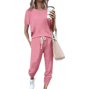 LEMOSEW Plus Size Women's Sweatsuit Set Casual 2 Piece Outfit Color Block Pajamas Short Sleeve Top and Sweatpant Pink Large
