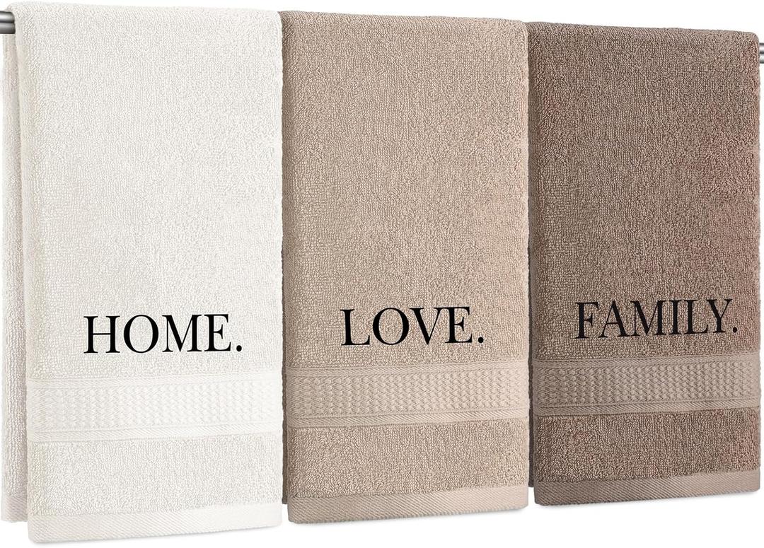 FuWeave 3 Pcs Farmhouse Decorative Hand Towels for Bathroom and Kitchen Rustic Embroidered Cotton Hand Towels Decorative Set for Boho Bathroom Decor(Brown,Home,Love,Family)