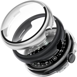 SOLOLUP 3 Pack PC Case Compatible With Google Pixel Watch 4 Screen Protector 45mm Men Women,All-Round Hard PC Protective With HD Tempered Glass Face Bumper Cover for Google Watch 4 Case (2025) 45 mm (01-Black/transparent/silver)