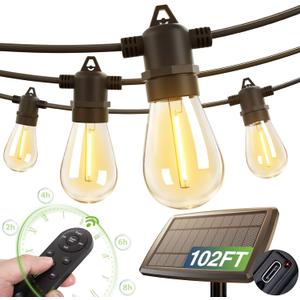 addlon 102FT(96+6) Solar String Lights Outdoor Waterproof with USB Charging & Remote Control - Dimmable Solar Power Patio Lights with LED Bulbs for Porch, Garden, Yard, Market, Bistro - Lasts 20+ Hrs