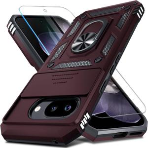 Janmitta Case Compatible with Google Pixel 9A Built in Slide Camera Lens Cover+Screen Protector+Finger Ring Holder Kickstand,Heavy Duty Shockproof Full Body Protective Phone Cover,Wine Red