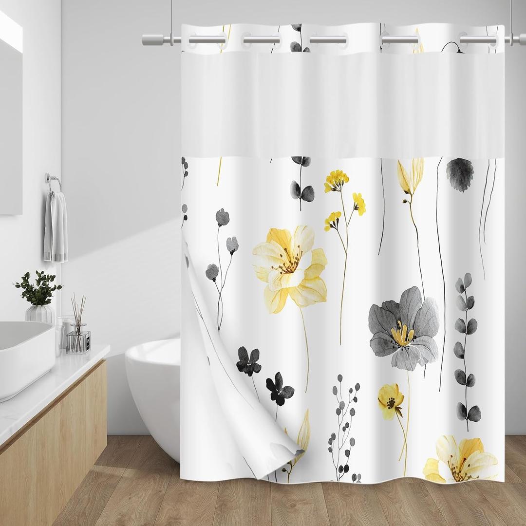 WITHLOC No Hook Shower Curtain with Snap in Liner - Floral Shower Curtain - Fabric Waterproof Inner Liner, Plants Watercolor Yellow Gray Modern Cloth Shower Curtains - Machine Washable, 71 x 77