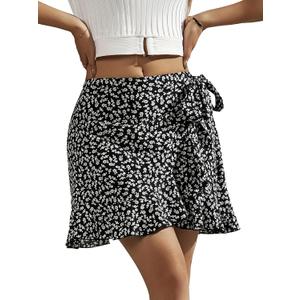 YHYJMY Summer Skirts for Women High Waist Side Tie Wrap Skirt Boho Drawstring Flowy Floral Mini Skorts for Holiday (Black, L)