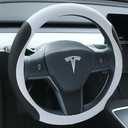 Uxcer Premium Leather Steering Wheel Cover for Tesla Model 3/Y 20162025 2026 Juniper/Highland, NonSlip Breathable Tesla Model 3/Y Steering Wheel Protector, White