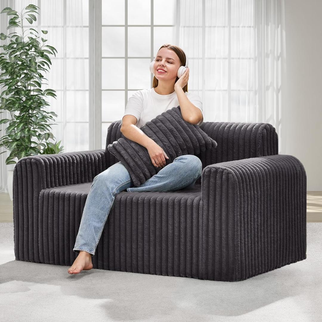 Hobestluk Couch Sofa 2-Seater Foam Sofa Loveseat for Small Spaces Comfy Sofas with Removable Cover Furry Couch with Pillows for Living Room, Bedroom, Apartment, Office (Dark Grey, Loveseat)