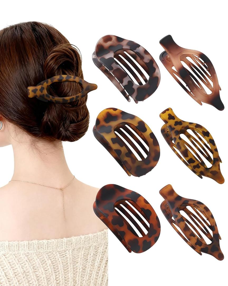 AWAYTR Flat Hair Clips For Women Lay Flat Claw Clip for Hair 6Pcs Large Hair Claw Clips for Driving Yoga (Leopard Series)
