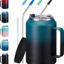 32/50oz Mug Tumbler with Handle and Straw - 32 oz Stainless Steel Wide Mouth Travel Coffee Cups w/ Lid, Reusable Home Office Work Mugs, Double Wall Vacuum Insulated Bottle Keep Cold 36 Hrs Hot 24 Hrs (Indigo Black)