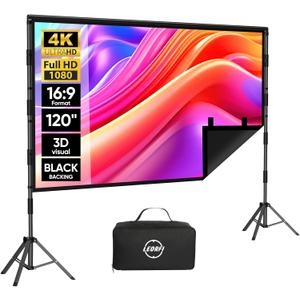 Outdoor Projector Screen with Stand: LEORFI 120 inch Black Backing Projection Screen Indoor - Upgraded Movie Screen 16:9 4K HD - Wrinkle-Free Lightweight Movie Screen with Carry Bag for Backyard Night