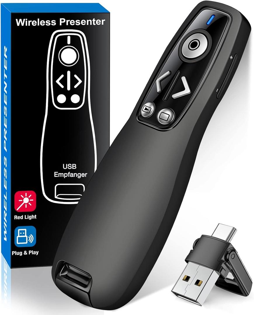 2-in-1 USB Type C Presentation Clicker Wireless Presenter Remote for PowerPoint, Powerpoint Clicker with Volume Control PowerPoint Slide Advancer for Mac, Computer, Laptop-E600