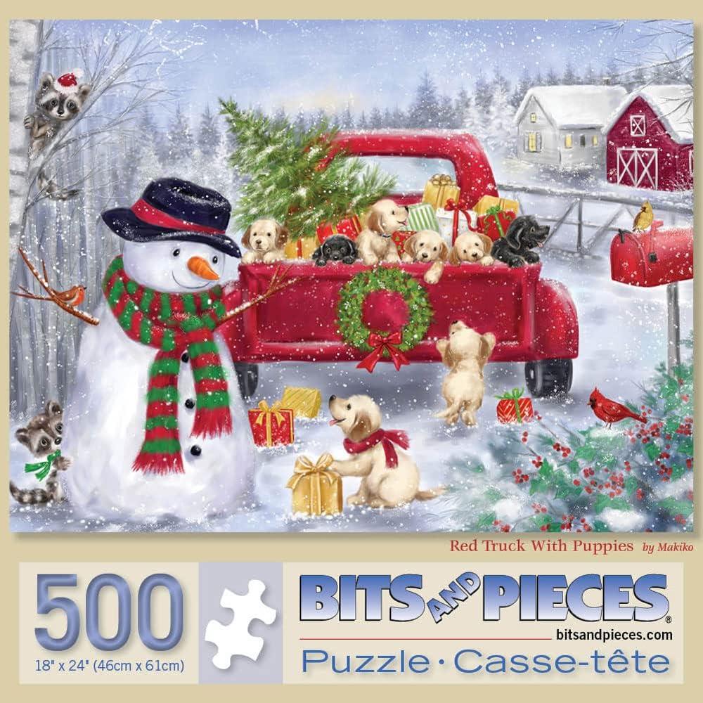 Bits and Pieces - 500 Piece Jigsaw Puzzle for Adults 18" x 24" - Red Truck with Puppies - 500 pc Snowman Christmas Dogs Jigsaw by Artist Makiko