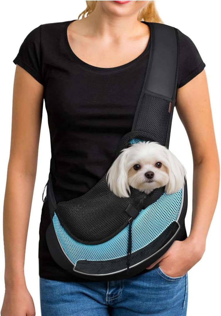 YUDODO Pet Sling Carrier for Hands-Free Puppy Carrier with Safety Hook, Large Zipper Pocket, Soft Breathable Mesh, Adjustable Strap & Reflective Strip (Cyan 3.0 M) Medium (4.5-9lbs)