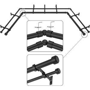 Black Double Corner Window Curtain Rods with Aluminum End Cap Finials and Brackets,1 Inch Diameter Dual Bay Window Curtain Rods, Adjustable 2 Sided 20-36" and 36-72" Center Double Rod