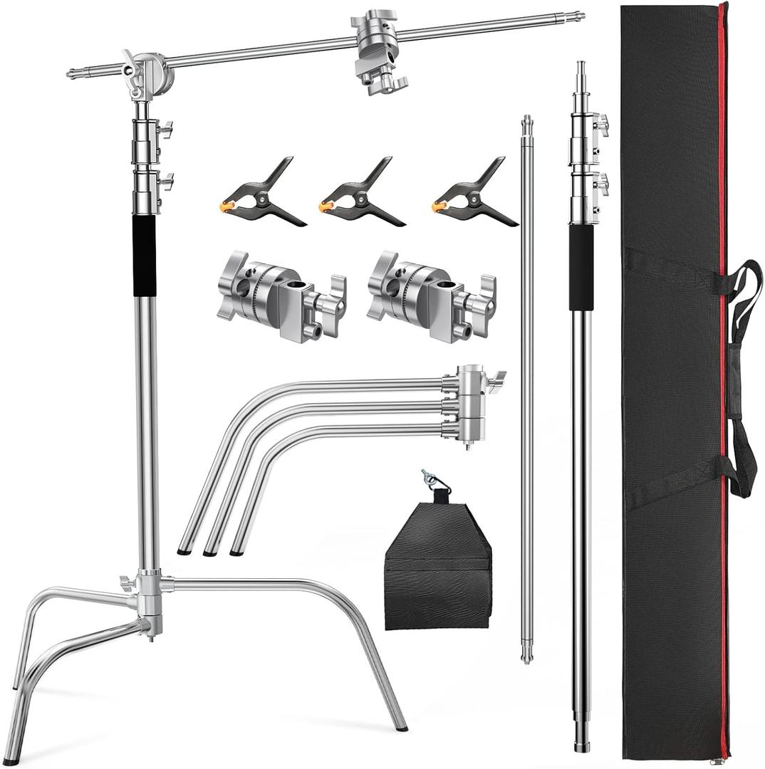 Altson Pro 100% Stainless Steel Heavy Duty C Stand with Boom Arm, Max Height 10.5ft/320cm Photography Light Stand with 4.2ft/128cm Holding Arm, 2 Grip Head for Studio Monolight, Softbox, Reflector