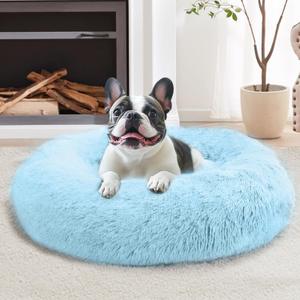JOLLYVOGUE Medium Calming Dog Bed, Anti-Anxiety Donut Cuddler Cat Bed with Anti-Slip Bottom, Fluffy Faux Fur Machine Washable Pet Cushion for Medium Large Dog & Cat (31") (Light Blue)