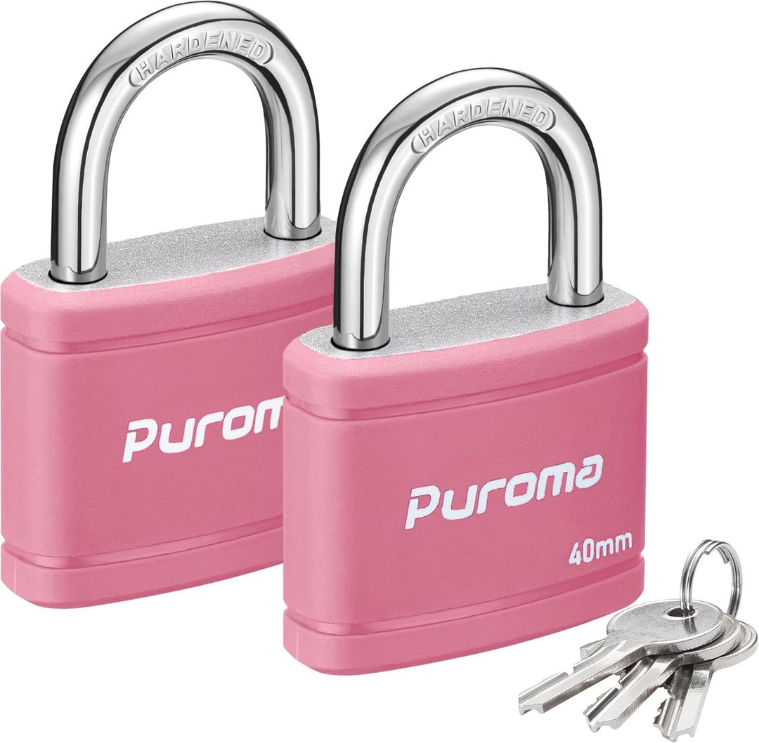 Puroma 2 Pack Keyed Padlock with 3 Keys Alike, 1.1 Inch Locker Lock 40mm Heavy-Duty Locks for Gate Fence Hasp Cabinet Toolbox School Gym Locker (Pink)