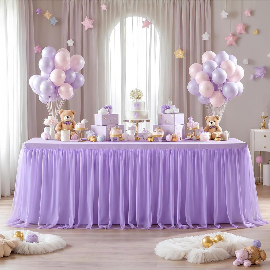 Lavender Tulle Tablecloth for 6 Foot Rectangular Tables 6ft Light Purple Table Cloth Rectangle Wrinkle Free Lilac Table Cover with Tutu Skirt for Wedding Birthday Party Baby Shower Banquet Buffet, 72" x 30"
