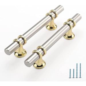 Rergy Cabinet Handles Drawer Pulls and Knobs, 5 Pack Brushed Nickel and Gold 4 inch Hole Center, Kitchen Hardware for Dresser Handle Zinc Alloy Furniture Pull