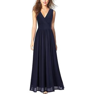 WOOSEA Women Sleeveless Deep V Neck Sexy Mesh Loose Maxi Casual Long Dress Navy Blue, XL 