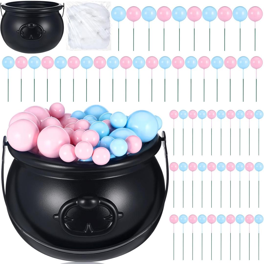 62 Pcs Halloween Gender Reveal Party Decoration a Baby Is Brewing Bubbling Cauldron Set Party Centerpiece 1 Crucible with Cotton 60 Blue Pink Balls Decor