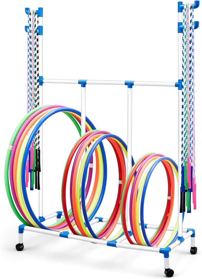 Hoop Rope Cart Plastic Hoop Jump Rope Rack Cart with Wheels PE Equipment Rack for Elementary School Primary School Movable Garage Rolling Ball Holder Gym Sports Gear, 48 x 74 x 21.65 Inch