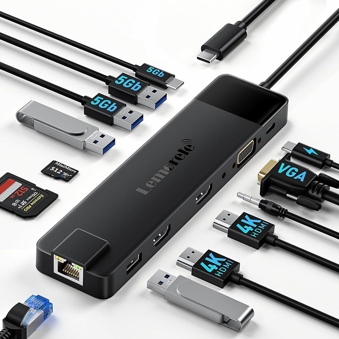 Lemorele 13 in 1 USB C Docking Station for Triple Monitors, Dual 4K HDMI, 1000M RJ45, VGA, 4 USB 3.0/2.0, SD/TF, 3.5MM Audio, USB C 3.0, 100W PD, Compatible with Type C Laptop, Black