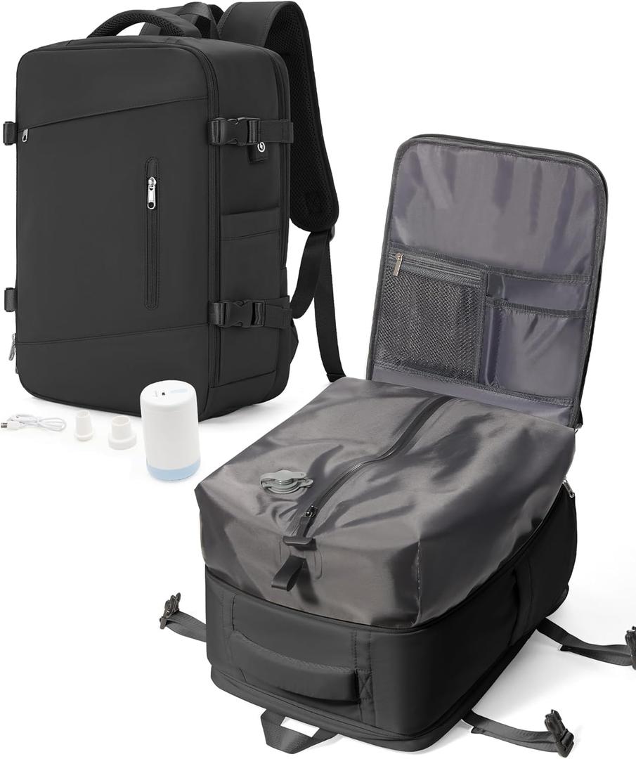 VGCUB Travel Vacpack Backpack with Vacuum System Carry on Storage Compression 18x14x8 Inches Personal Item Bags with Electric Pump for Women Men Work Business Waterproof College Airback Backpack Black