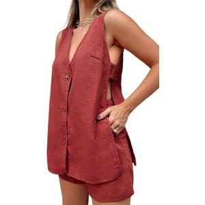 Tankaneo Womens Summer Two Piece Outfits Casual Shorts Set Sleeveless V Neck Button Down Tank Tops and Shorts Tracksuit, Medium, Red