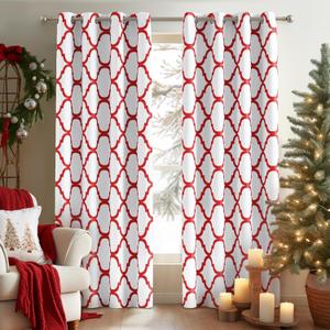 Melodieux Moroccan Printed Room Darkening Blackout Grommet Curtains for Living Room Bedroom, 52 by 96 Inch, Off White/Red (2 Panels)