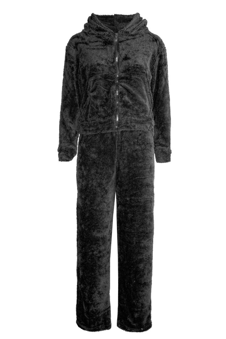 Womens Faux Fur 2PCS Lounge Wear Zip Up Tracksuits Ladies Fleece Fluffy Hooded (Small, Black)
