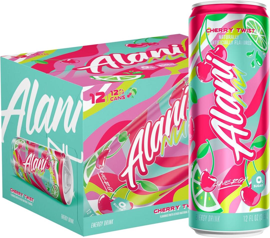 Alani Nu CHERRY TWIST Sugar Free, Low Calorie Energy Drinks, 200mg Caffeine, Biotin B Vitamins, Zero Sugar, 15 Calories, 12 Fl Oz Cans, 12 Pack (EXP 05/01/27)