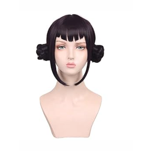 ColorGround Short Black Purple Cosplay Wig with 2 Buns for Women Halloween Party Costume