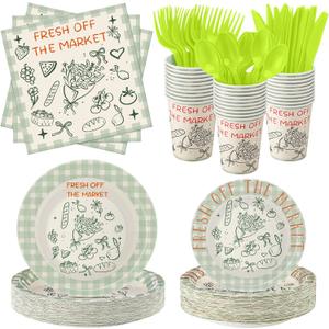 FoldTier 350 Pcs Fresh off the Market Bridal Shower Party Tableware - Paper Plate, Napkin, Cup, Cutlery, Disposable Fresh off the Market Party Decorations for Family and Friends, 50 Guests