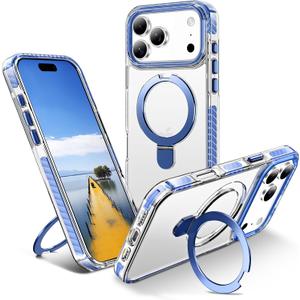 UMIONE for iPhone 17 Pro Clear Magnetic case with Stand and Finger Ring, Compatible with magsafe, Shockproof Transparent Hard Plate, Full Body case, Universal for Boys and Girls 6.3 - Blue