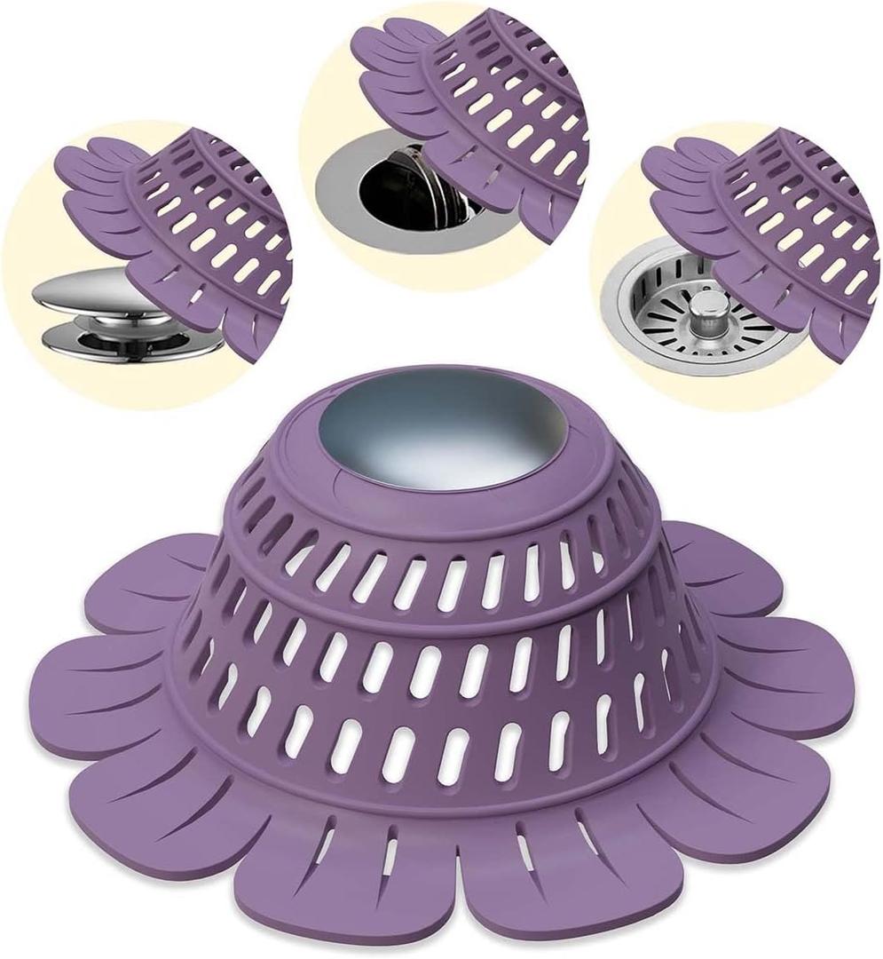 Shower Drain Hair Catcher, Multipurpose Collapsible Silicone Hair Catcher Drain Cover for Pop Up and Flat Drains of Bathtub Tub Bathroom Sink, Flower-Shaped Hair Trapper (Purple), Pack of2. 
