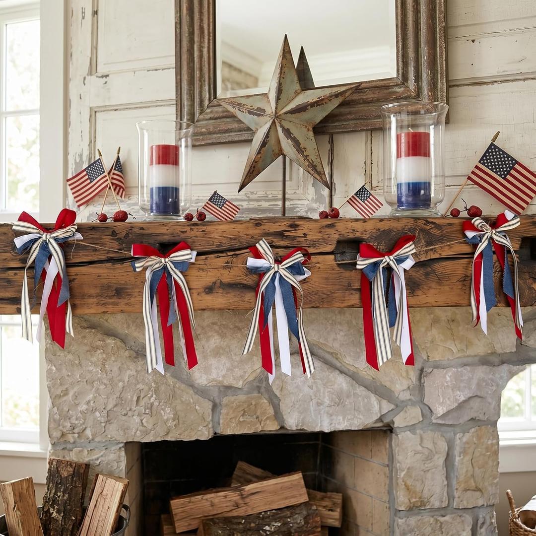 Novabright 11.8 ft Red White Blue Patriotic Bow Banner 4th of July Ribbon Garland 250th Anniversary Mantle Decor for Indoor Outdoor Memorial Day Veteran Independence Day Party Supplies