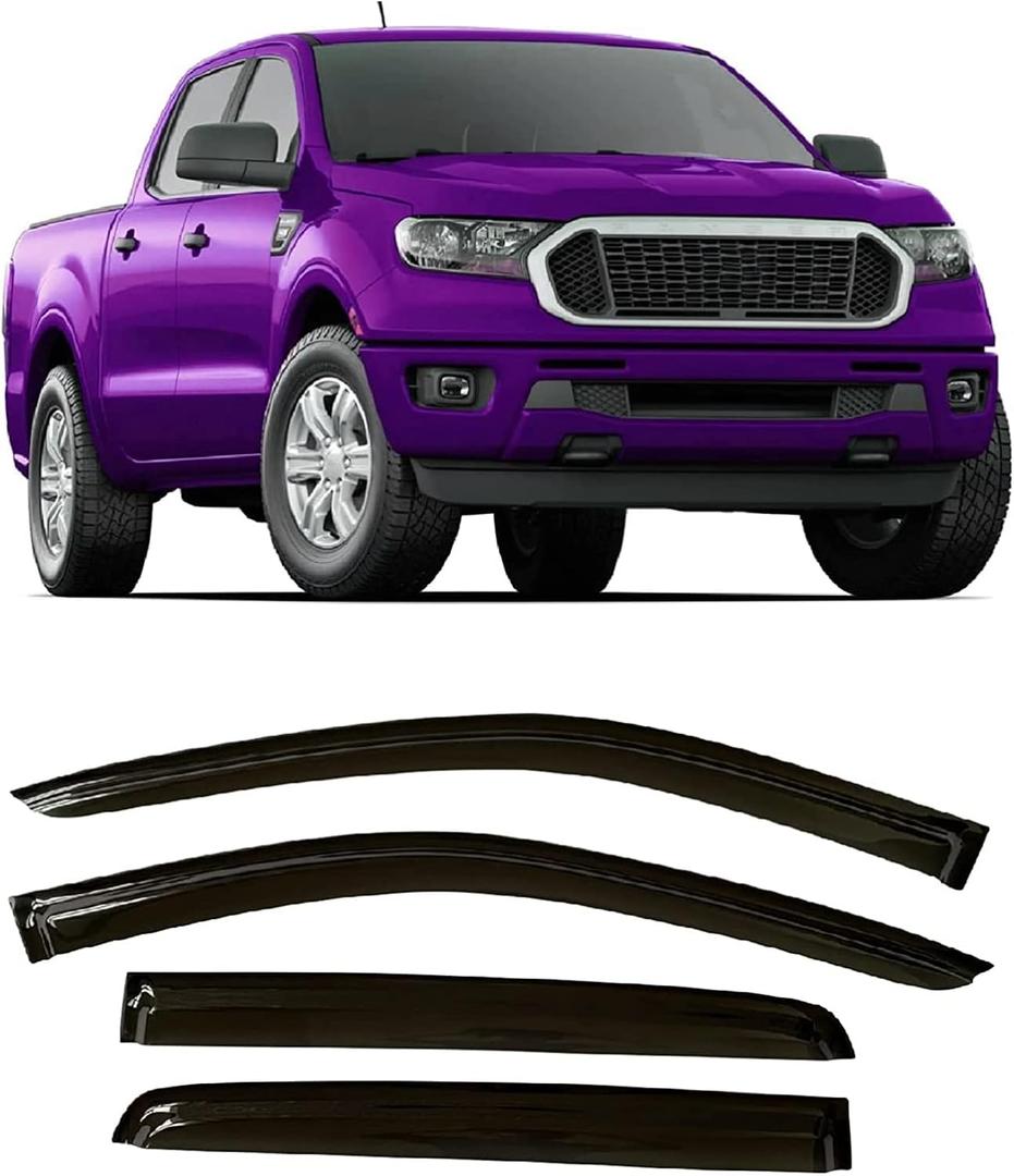 Tape-On Windows Visor 4-Piece for 2019-2023 Ford Ranger(supercrew) Rain Guards Shield Shade Smoke (Black)