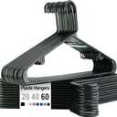 Plastic Hangers Without Notches 20 Pack - Space Saving, Sturdy with Built-in 2 Hooks for Closet Organization (Black)