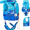 Toddler Swim Vest, Toddler Life Jacket 20-80 lbs Boys & Girls, Kids Floaties Swimming Jackets for 1 2 3 4 5 6 7 Years with Detchable Head Support &Grab Handle (0 Blue-Shark)