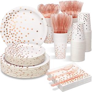 Partylamb White & Rose Gold Party Supplies, 350PCS Disposable Dinnerware Set with Plates Napkins Cups Forks Knives Spoons for Girl Women Birthday Baby Bridal Shower Graduation Wedding Party Decoration