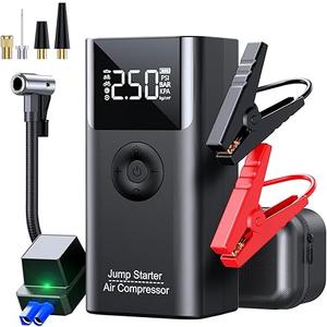 Jump Starter with Air Compressor, LERTIN 2500A 150PSI Portable Car Battery Jump Starter Pack, 12V Jump Box with USB Fast Charge, for up to 9.0 Gas/8.0L Diesel Engine, 3 Modes Lights/Large LCD Display
